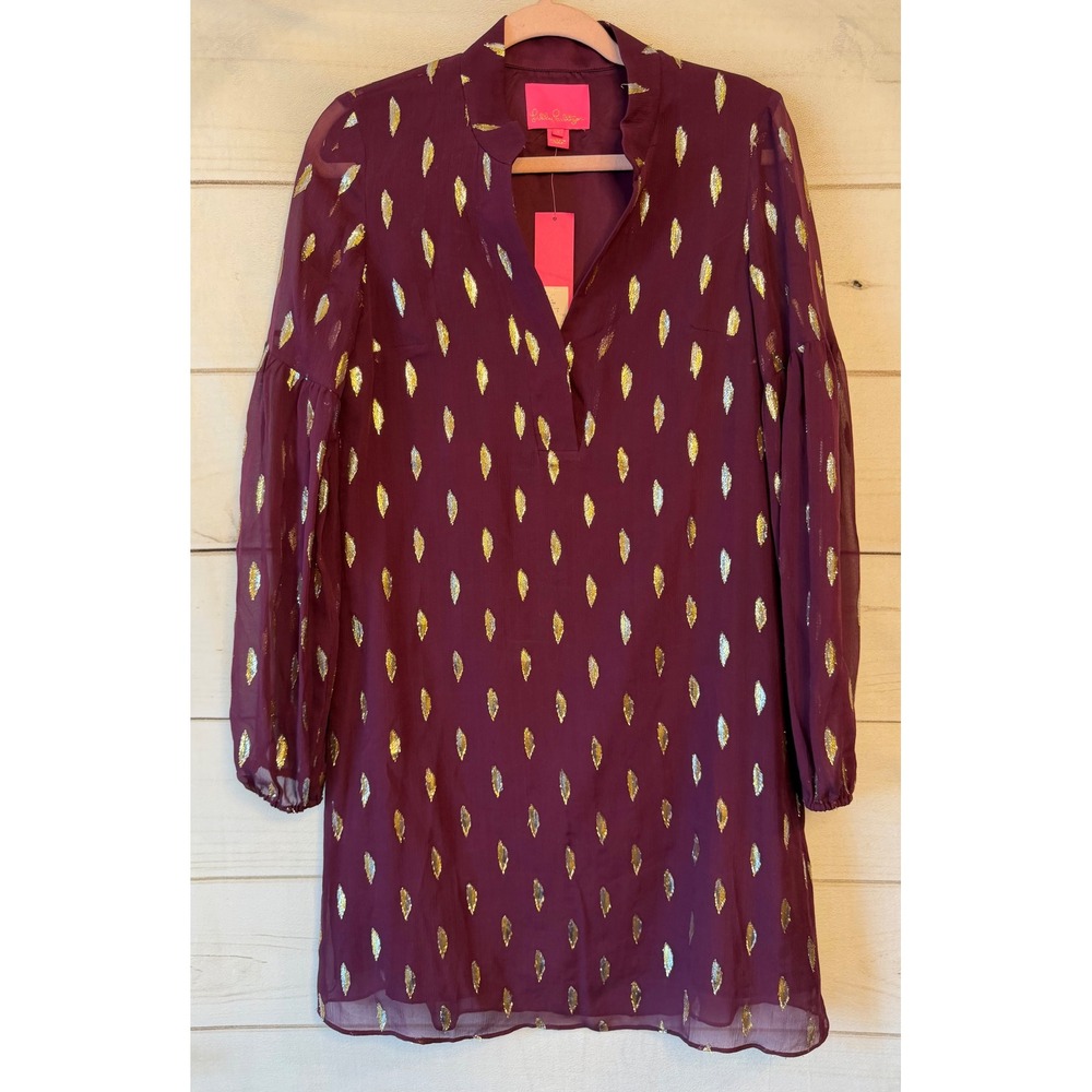 Lilly Pulitzer Shea Silk Dress Cabernet Berry Metallic Gold Diamond Clip 4 NEW